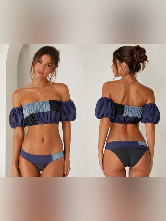 Lisa Marie Fernandez Other - Lisa Marie Fernandez Bikini Set Women's XS Off Shoulder Color Block Blue Gray